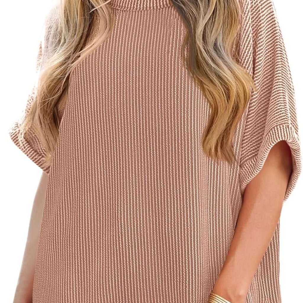 Elegant Khaki Oversized Batwing Tunic - X-Large Short Sleeve Summer Tees